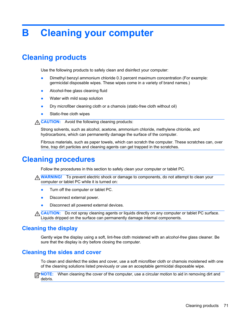 Cleaning your computer, Cleaning products, Cleaning procedures | Cleaning the display, Cleaning the sides and cover, Appendix b cleaning your computer, Cleaning products cleaning procedures, Cleaning the display cleaning the sides and cover, Bcleaning your computer | HP EliteBook 820 G1 Notebook PC User Manual | Page 81 / 87