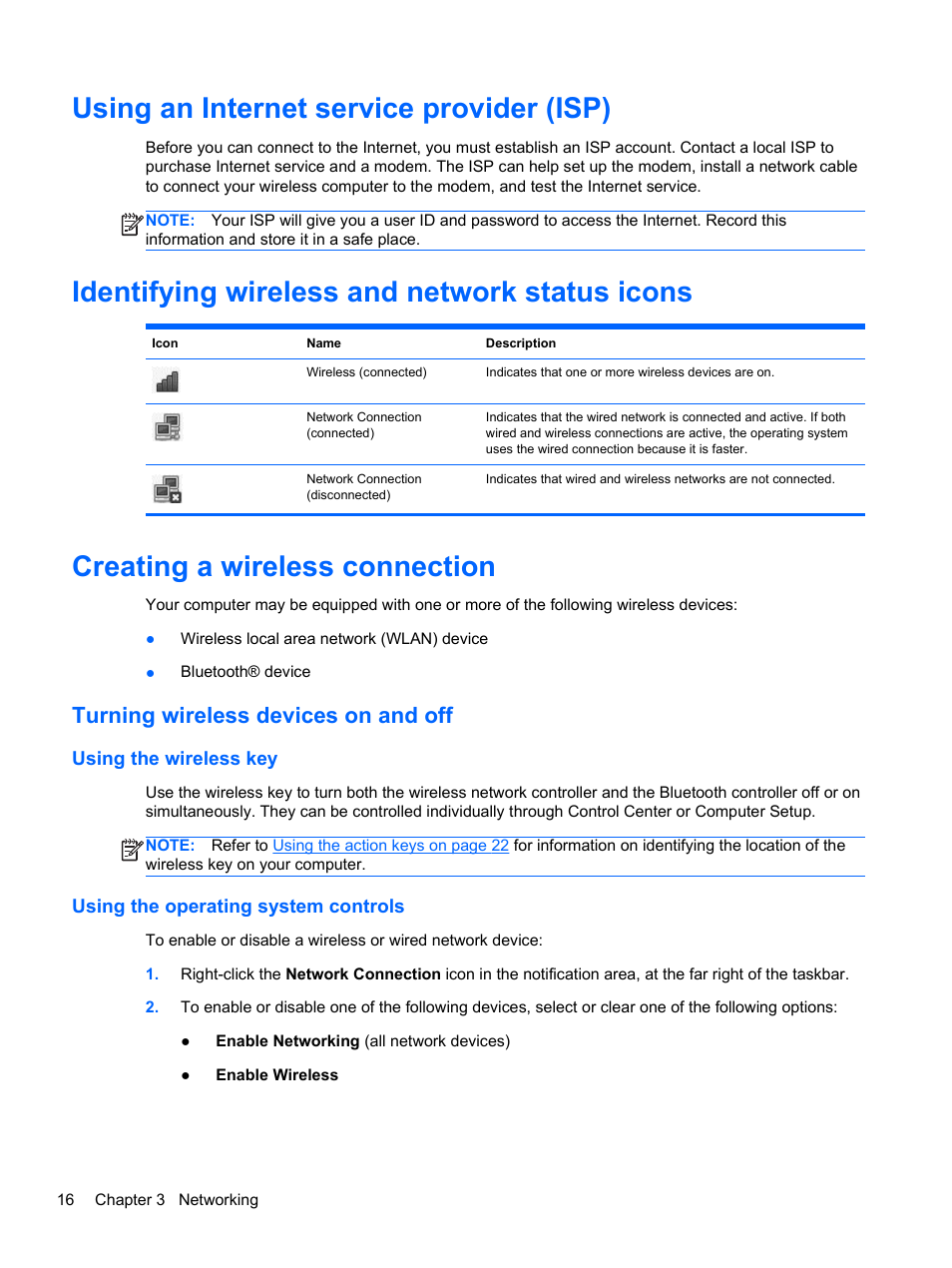 Using an internet service provider (isp), Identifying wireless and network status icons, Creating a wireless connection | Turning wireless devices on and off, Using the wireless key, Using the operating system controls | HP Pavilion g4-1311nr Notebook PC User Manual | Page 26 / 99
