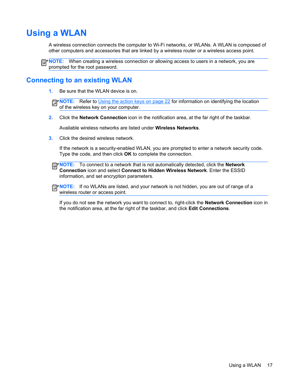 Using a wlan, Connecting to an existing wlan, Connecting | HP Pavilion g4-1311nr Notebook PC User Manual | Page 27 / 99