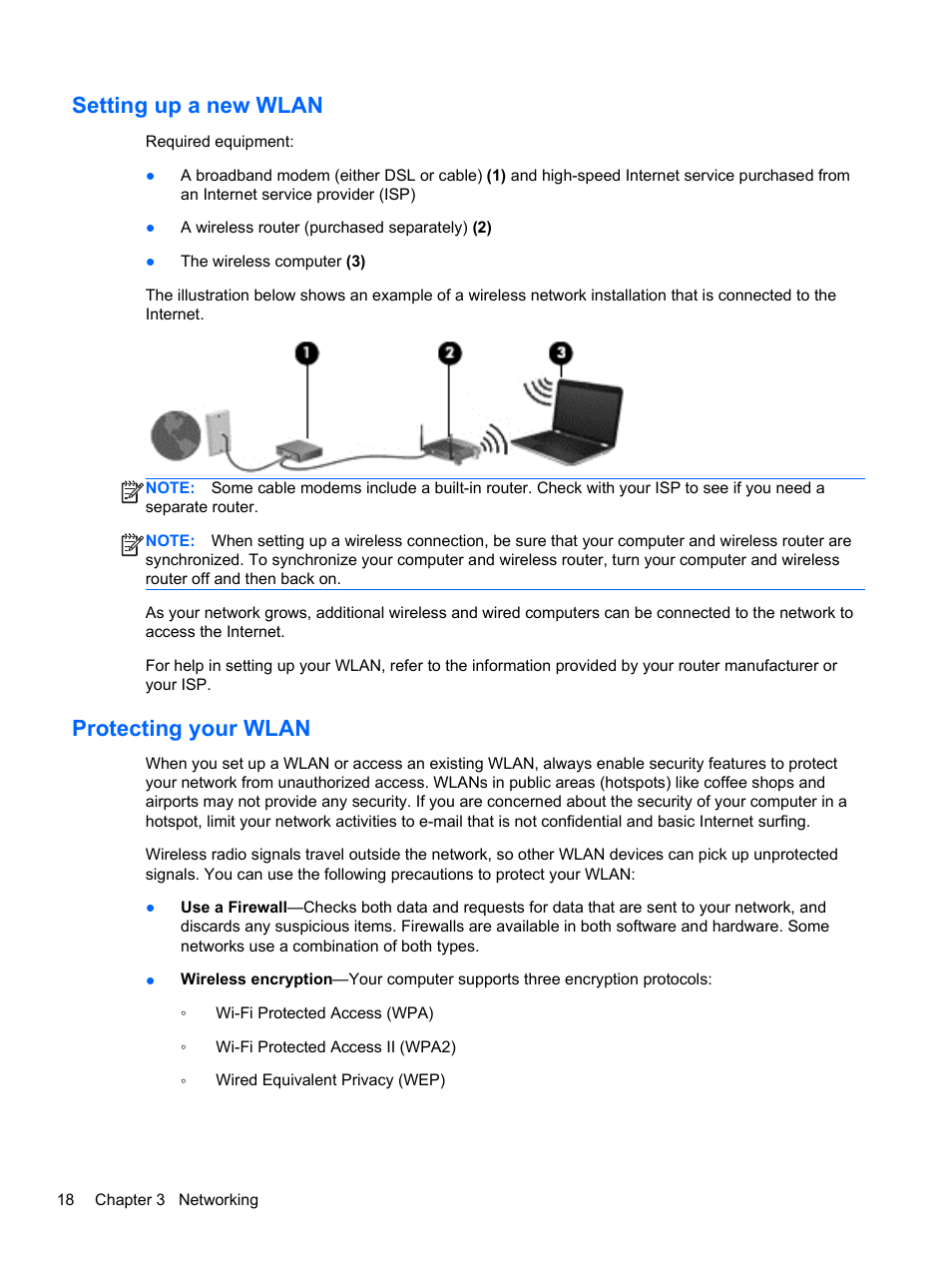 Setting up a new wlan, Protecting your wlan, Setting up a new wlan protecting your wlan | HP Pavilion g4-1311nr Notebook PC User Manual | Page 28 / 99