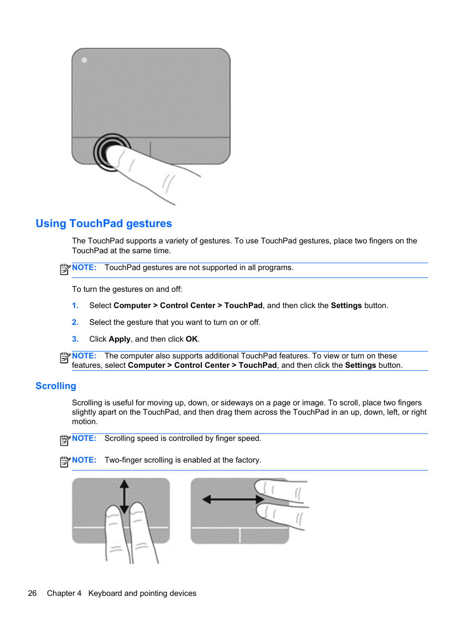 Using touchpad gestures, Scrolling | HP Pavilion g4-1311nr Notebook PC User Manual | Page 36 / 99
