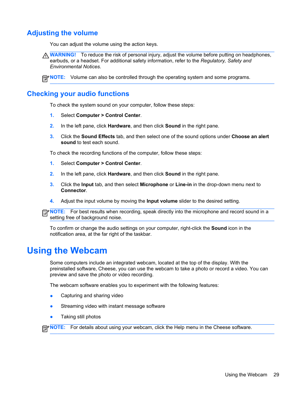 Adjusting the volume, Checking your audio functions, Using the webcam | Adjusting the volume checking your audio functions | HP Pavilion g4-1311nr Notebook PC User Manual | Page 39 / 99