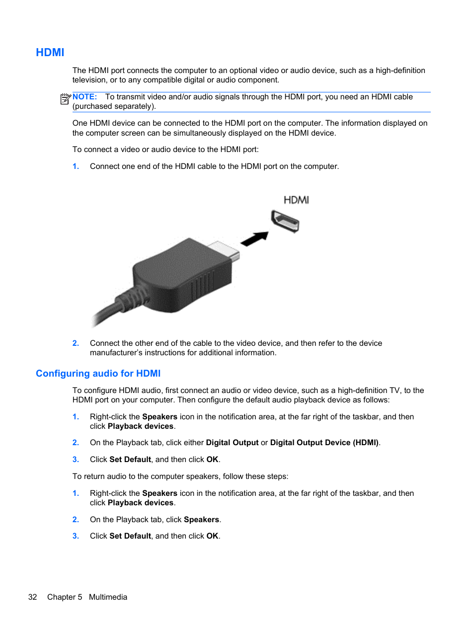 Hdmi, Configuring audio for hdmi | HP Pavilion g4-1311nr Notebook PC User Manual | Page 42 / 99