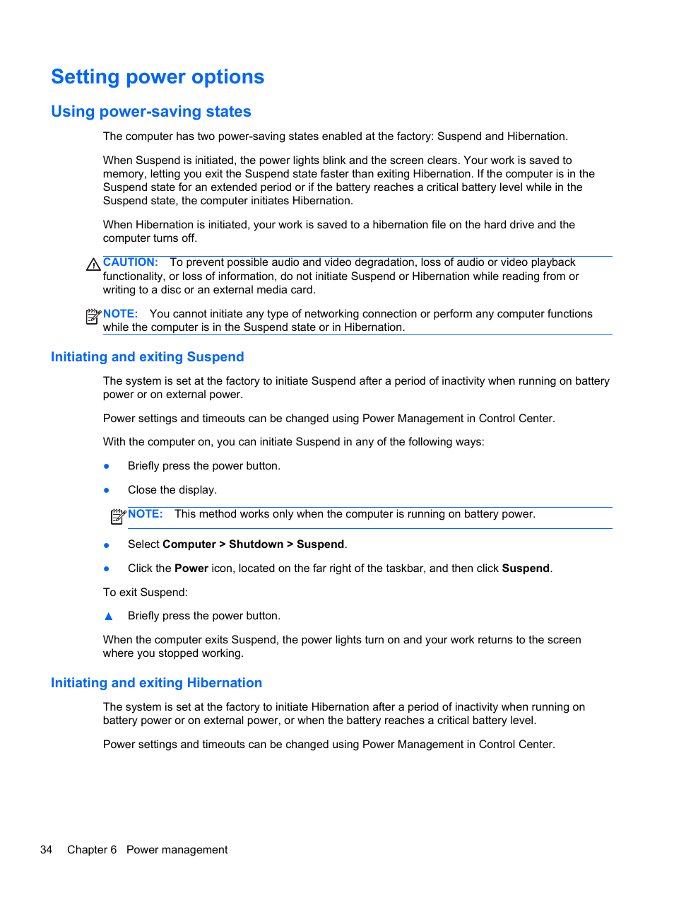 Setting power options, Using power-saving states, Initiating and exiting suspend | Initiating and exiting hibernation | HP Pavilion g4-1311nr Notebook PC User Manual | Page 44 / 99