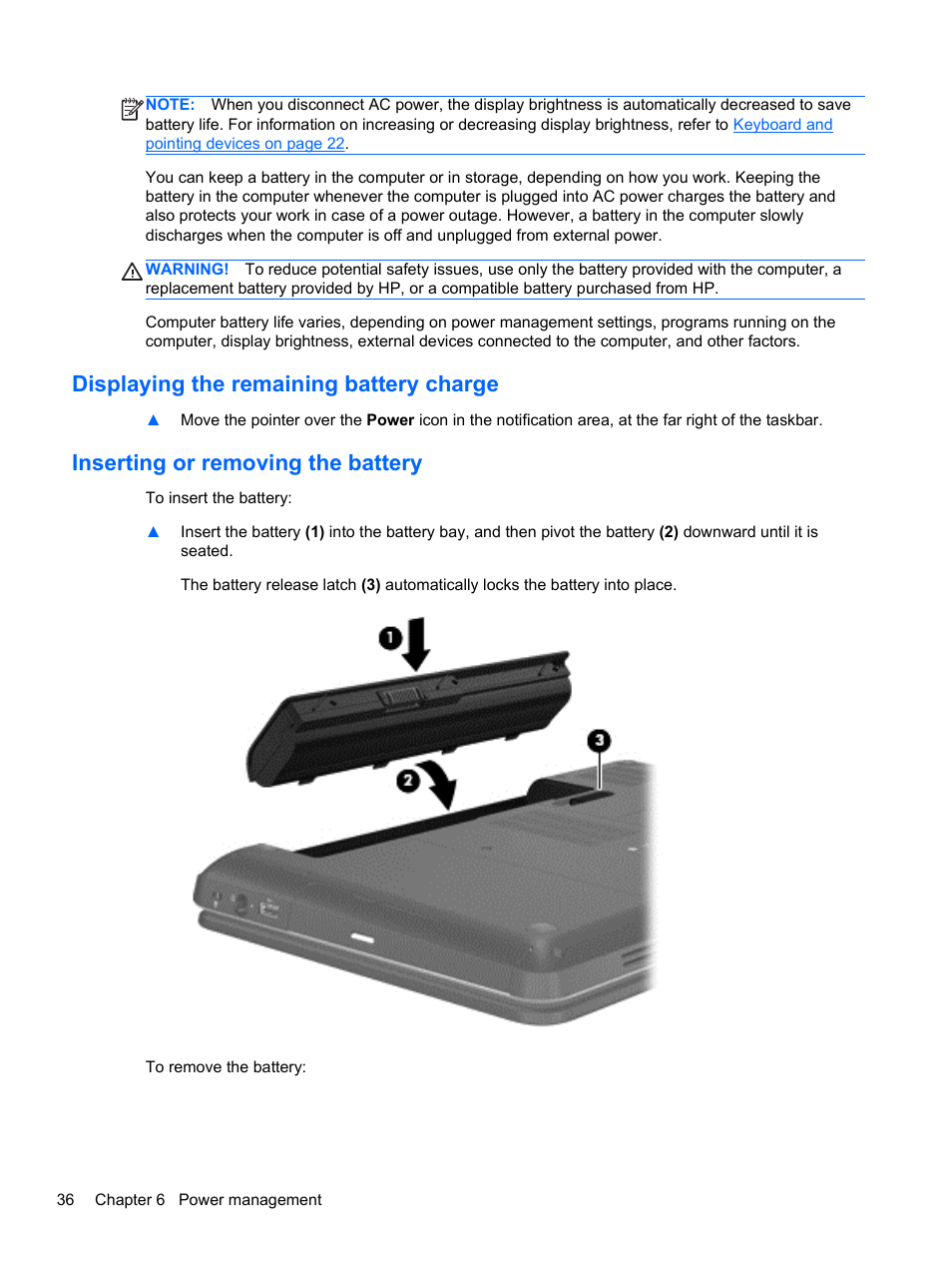 Displaying the remaining battery charge, Inserting or removing the battery | HP Pavilion g4-1311nr Notebook PC User Manual | Page 46 / 99