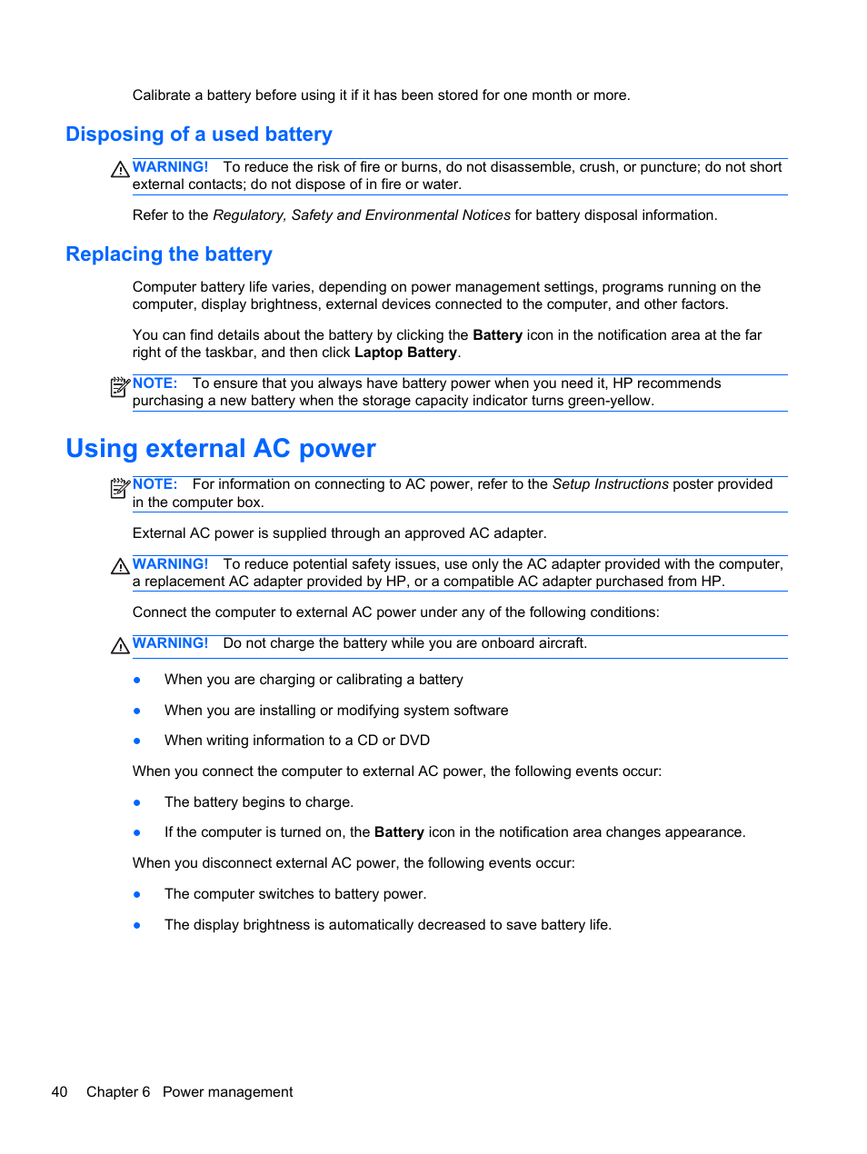 Disposing of a used battery, Replacing the battery, Using external ac power | Disposing of a used battery replacing the battery | HP Pavilion g4-1311nr Notebook PC User Manual | Page 50 / 99