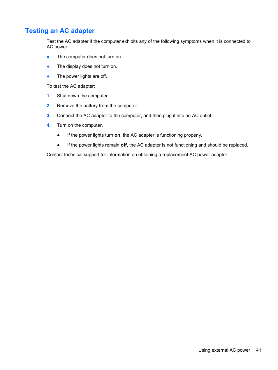 Testing an ac adapter | HP Pavilion g4-1311nr Notebook PC User Manual | Page 51 / 99