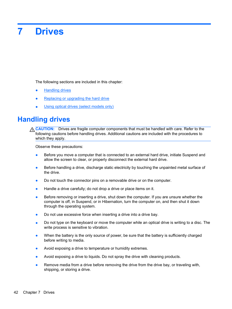 Drives, Handling drives, 7 drives | 7drives | HP Pavilion g4-1311nr Notebook PC User Manual | Page 52 / 99