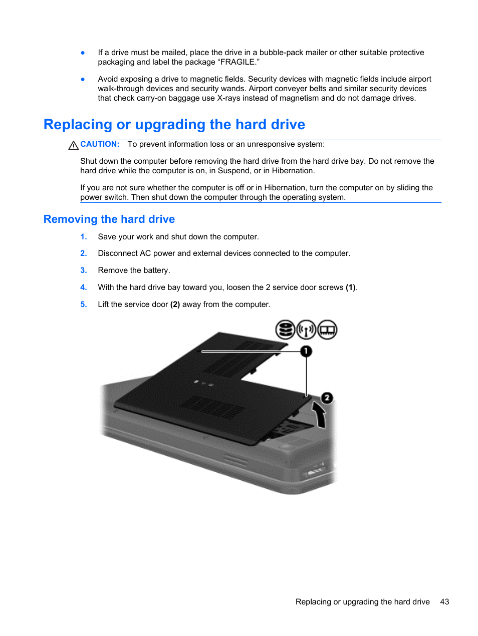 Replacing or upgrading the hard drive, Removing the hard drive | HP Pavilion g4-1311nr Notebook PC User Manual | Page 53 / 99
