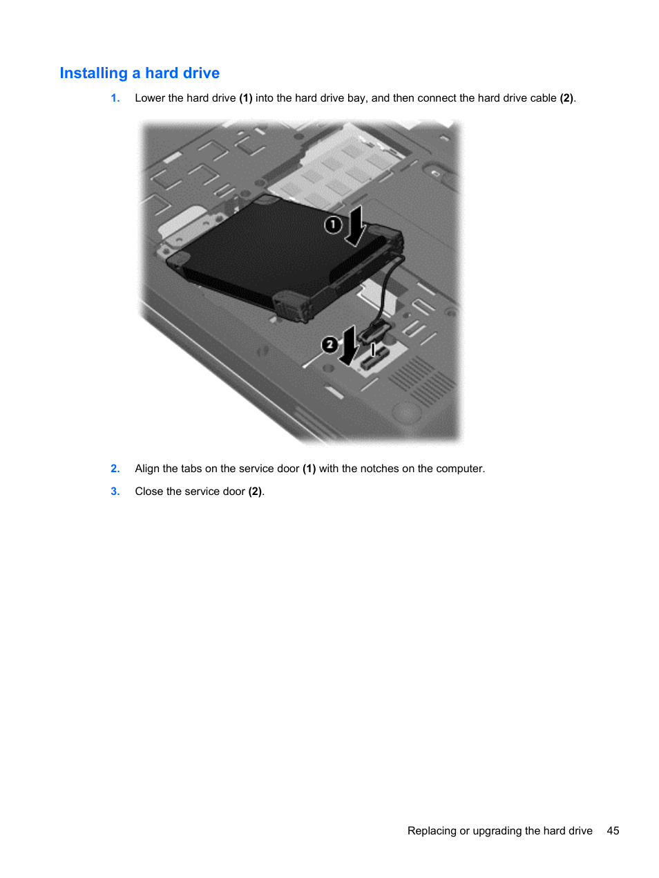 Installing a hard drive | HP Pavilion g4-1311nr Notebook PC User Manual | Page 55 / 99