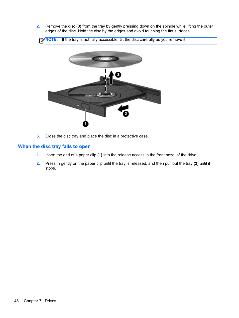 When the disc tray fails to open | HP Pavilion g4-1311nr Notebook PC User Manual | Page 58 / 99