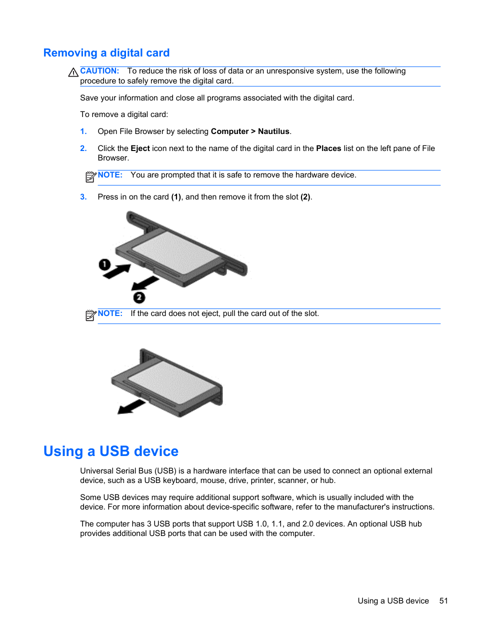 Removing a digital card, Using a usb device | HP Pavilion g4-1311nr Notebook PC User Manual | Page 61 / 99