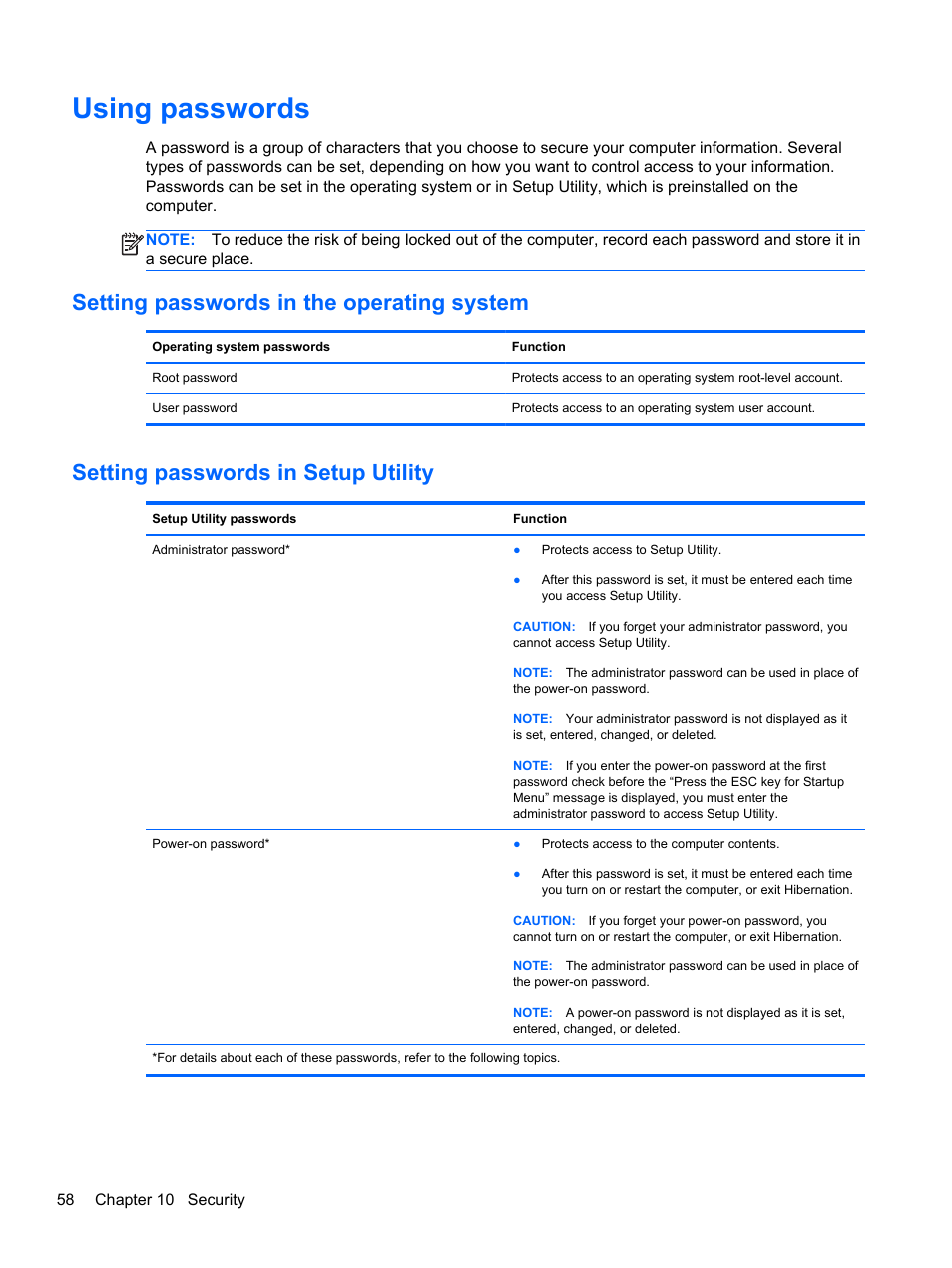 Using passwords, Setting passwords in the operating system, Setting passwords in setup utility | HP Pavilion g4-1311nr Notebook PC User Manual | Page 68 / 99