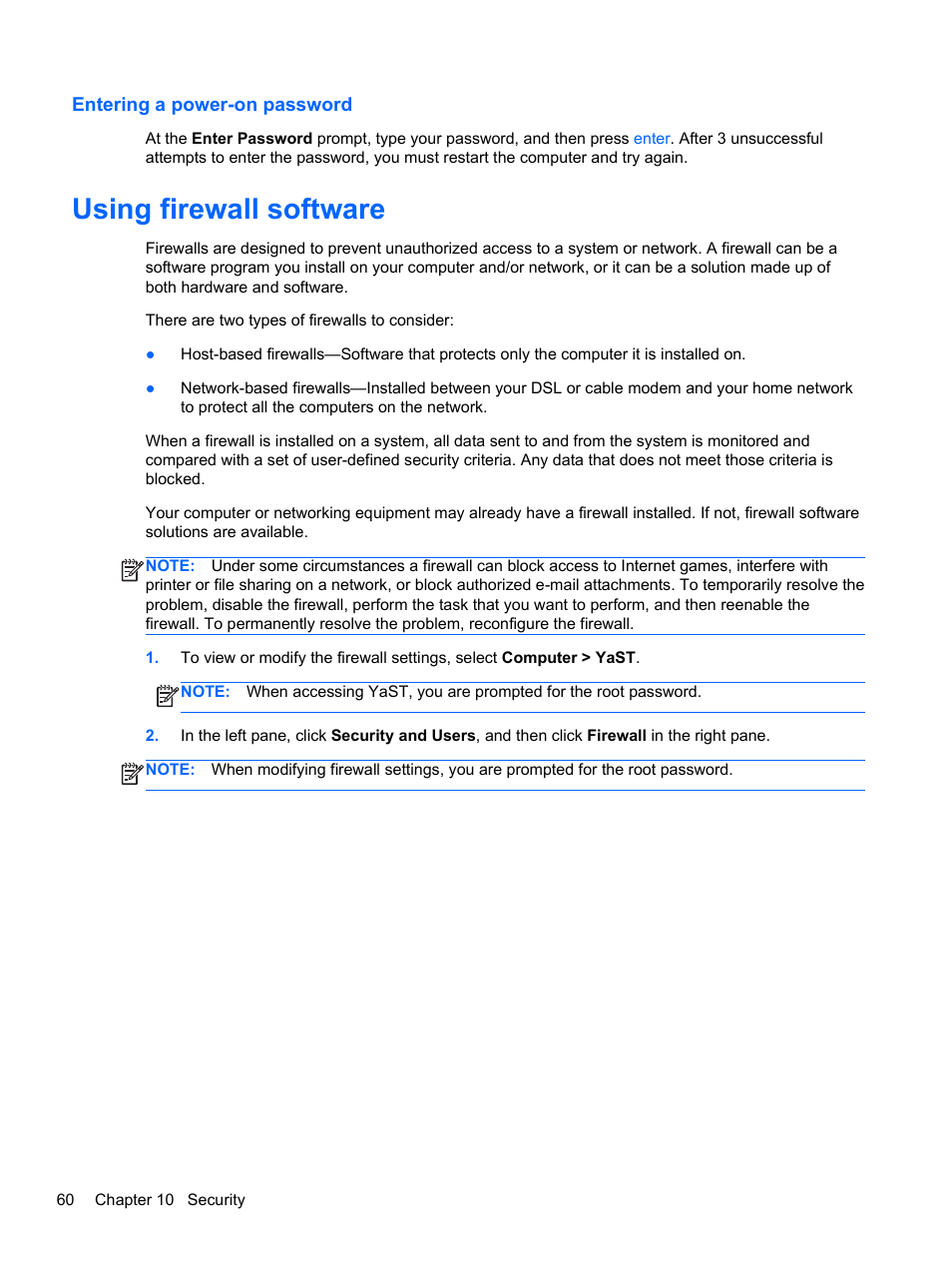 Entering a power-on password, Using firewall software | HP Pavilion g4-1311nr Notebook PC User Manual | Page 70 / 99