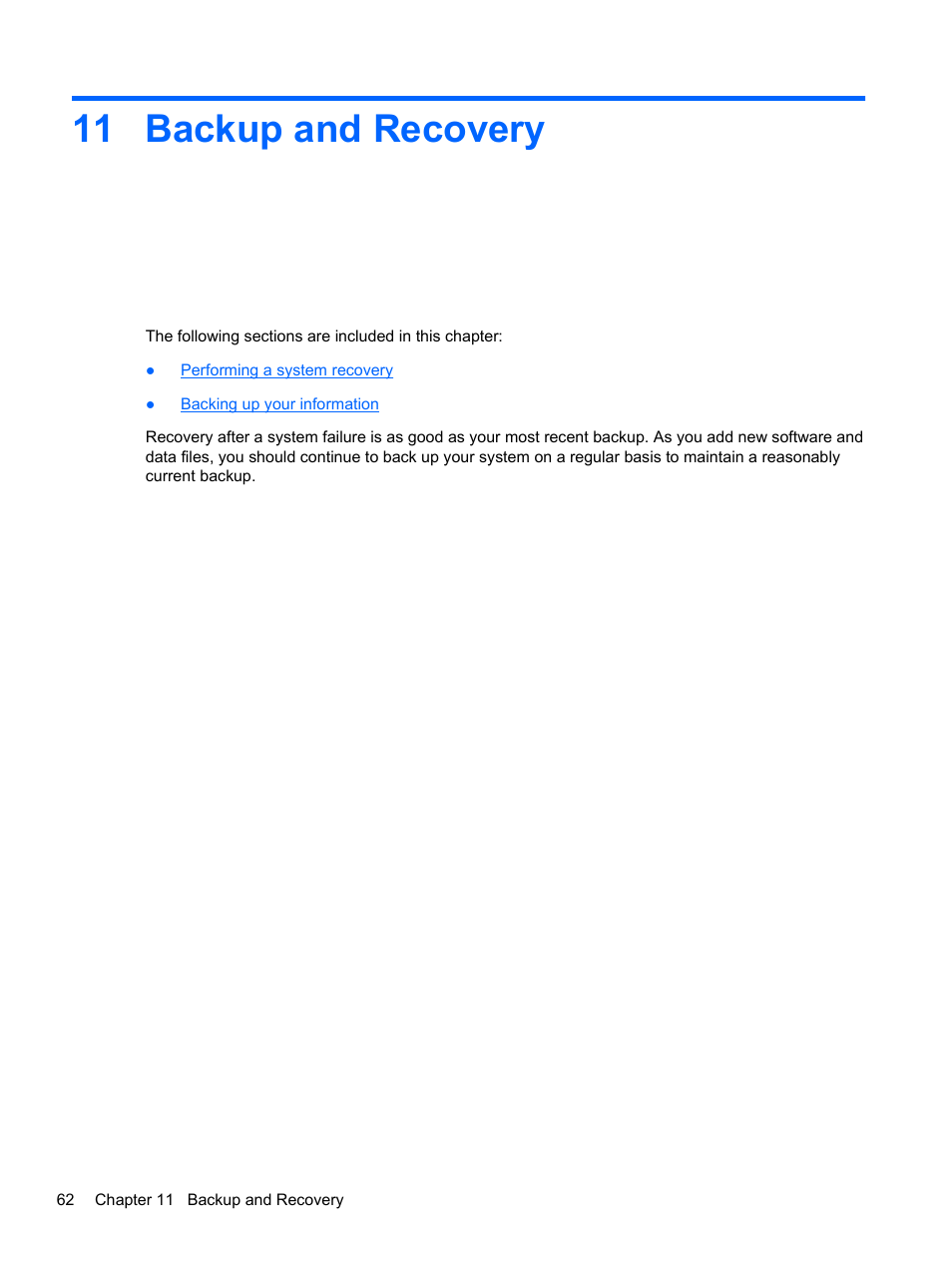 Backup and recovery, 11 backup and recovery | HP Pavilion g4-1311nr Notebook PC User Manual | Page 72 / 99
