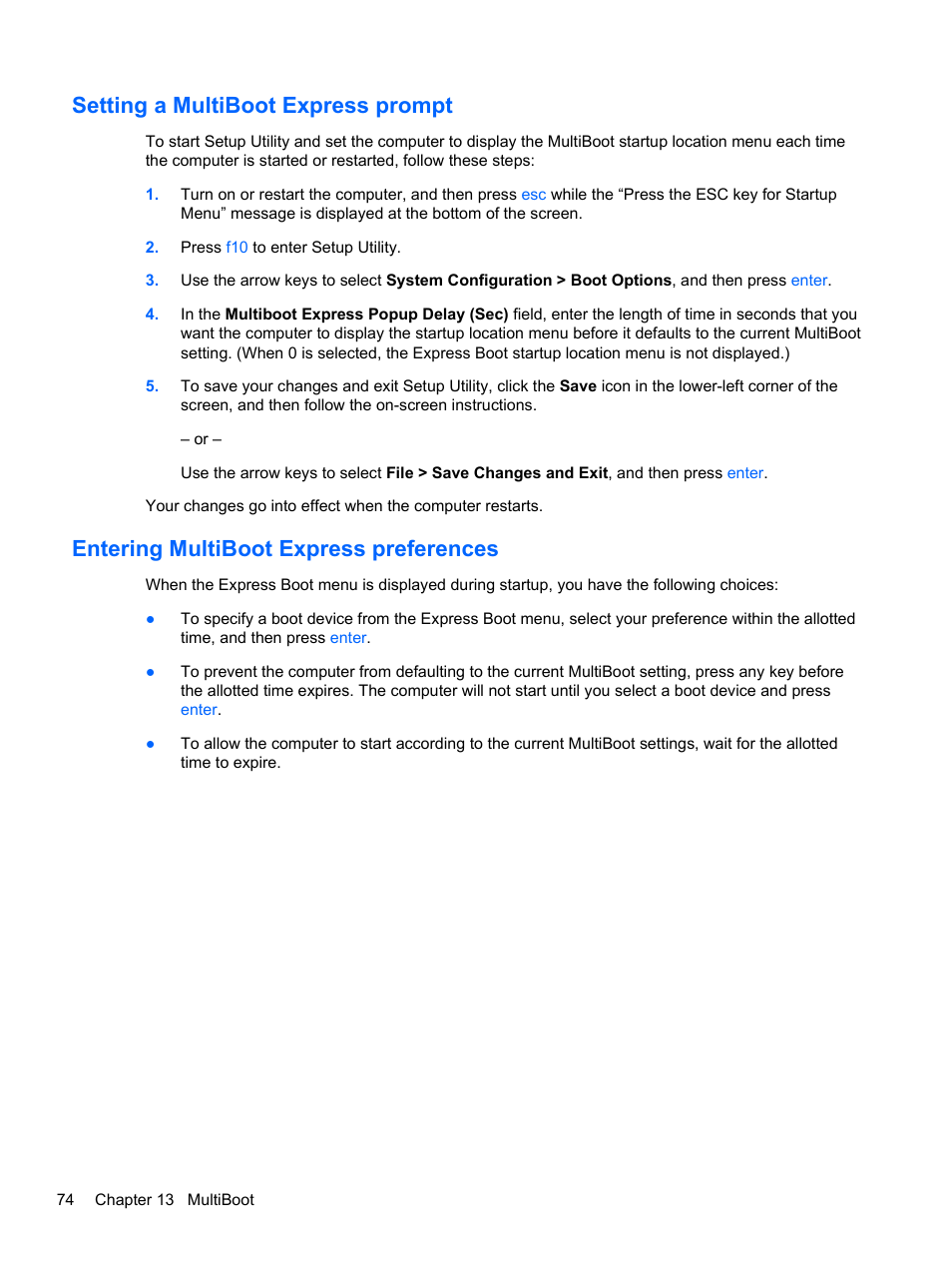 Setting a multiboot express prompt, Entering multiboot express preferences | HP Pavilion g4-1311nr Notebook PC User Manual | Page 84 / 99