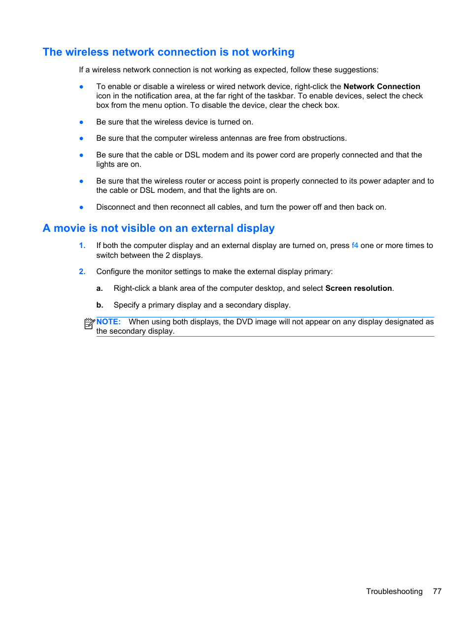 The wireless network connection is not working, A movie is not visible on an external display | HP Pavilion g4-1311nr Notebook PC User Manual | Page 87 / 99