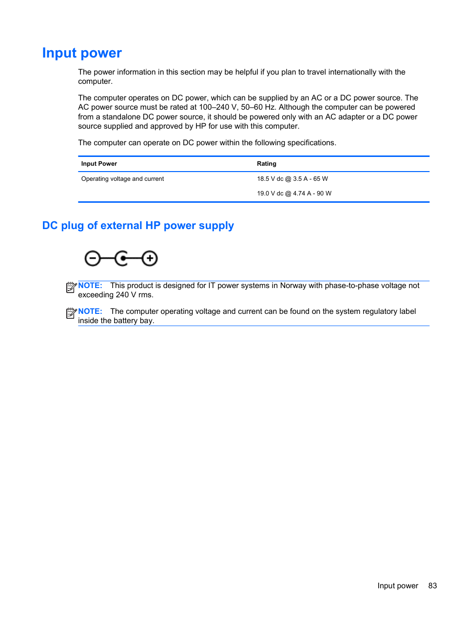 Input power, Dc plug of external hp power supply | HP Pavilion g4-1311nr Notebook PC User Manual | Page 93 / 99