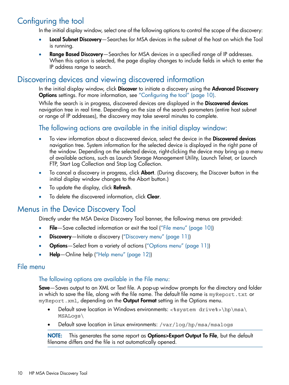 Configuring the tool, Menus in the device discovery tool, File menu | Discovering devices and viewing discovered | HP 2000SA G2-Modular-Smart-Array User Manual | Page 10 / 58