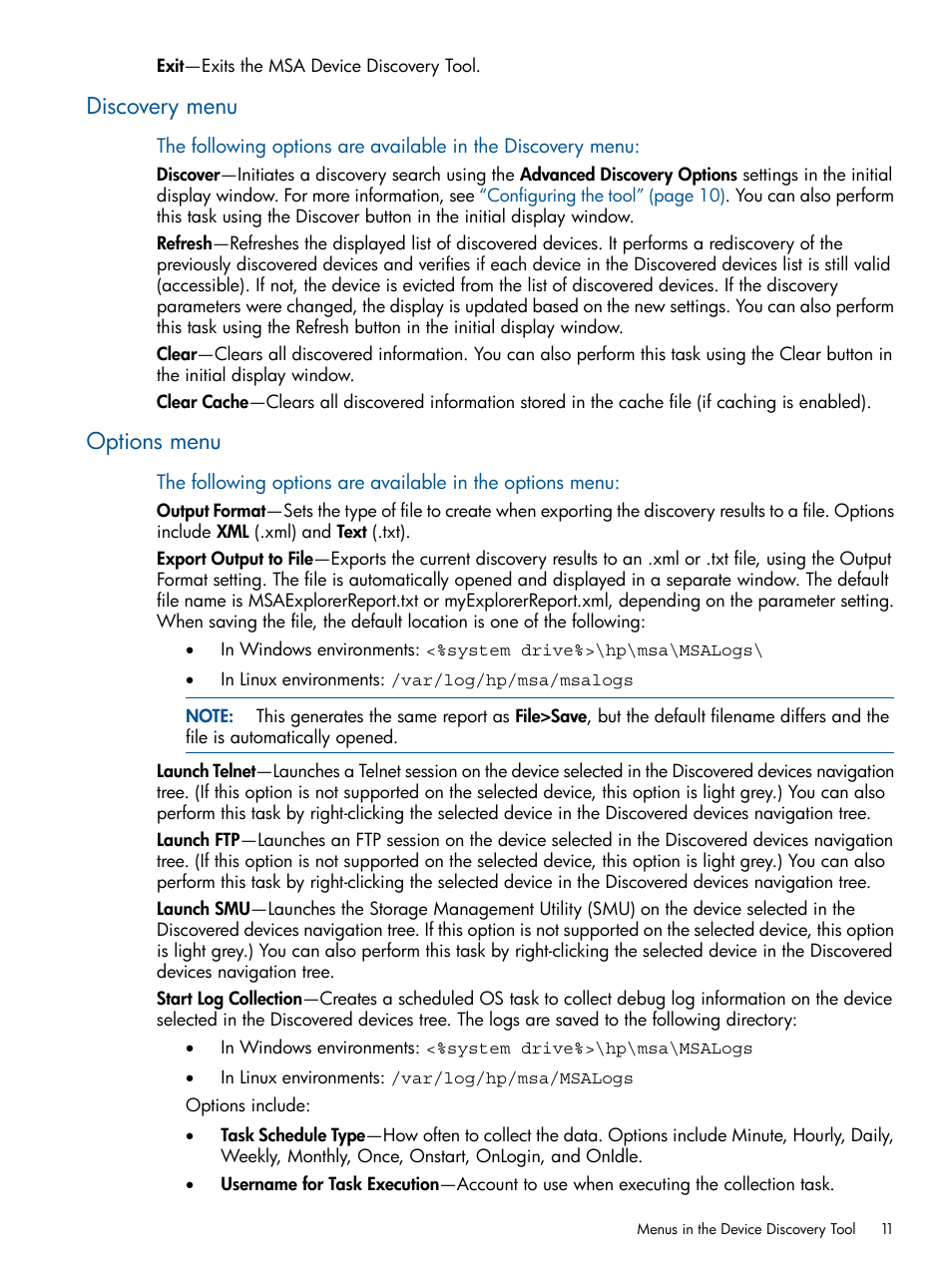 Discovery menu, Options menu, Discovery menu options menu | HP 2000SA G2-Modular-Smart-Array User Manual | Page 11 / 58