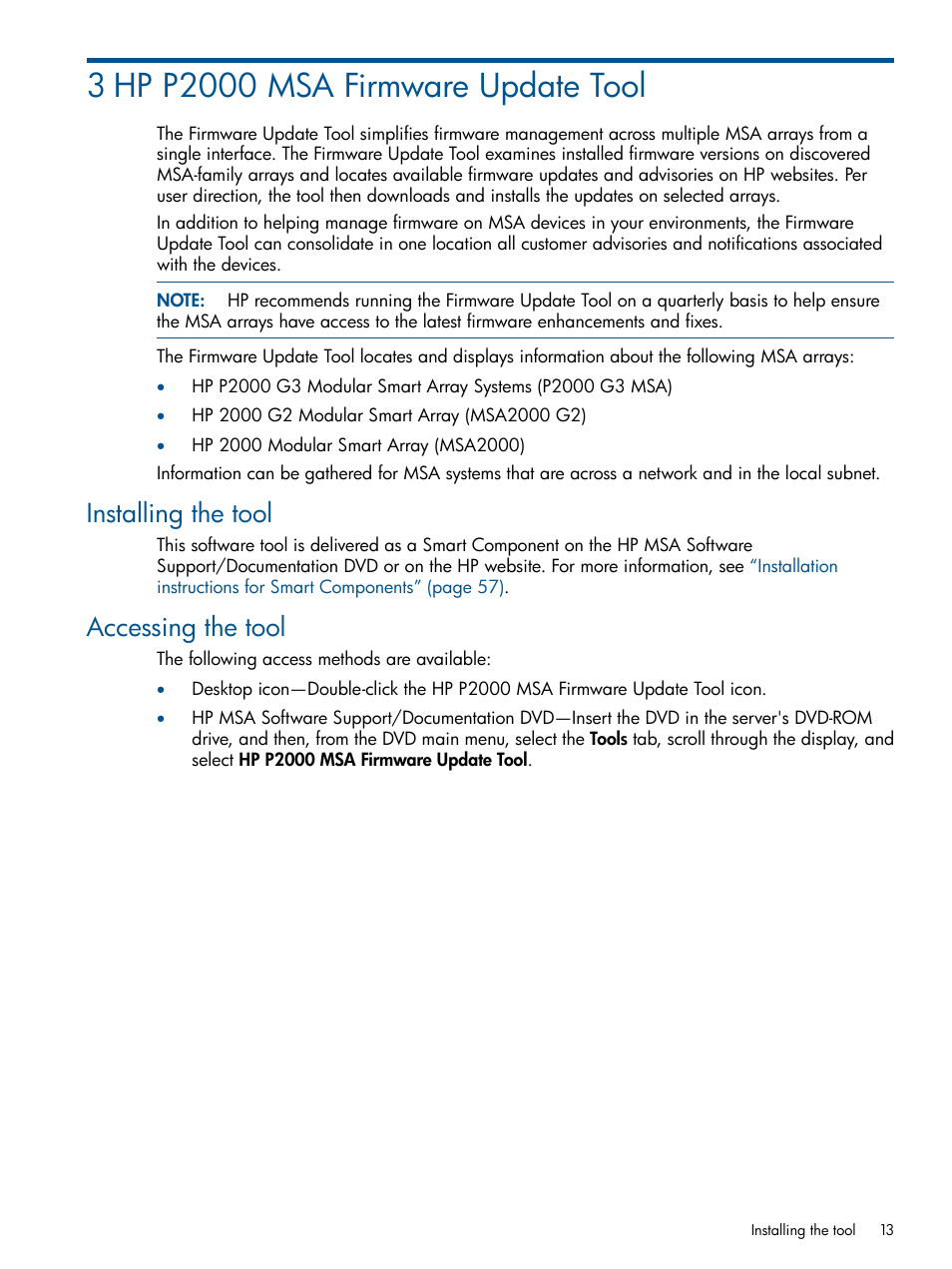 3 hp p2000 msa firmware update tool, Installing the tool, Accessing the tool | Installing the tool accessing the tool | HP 2000SA G2-Modular-Smart-Array User Manual | Page 13 / 58