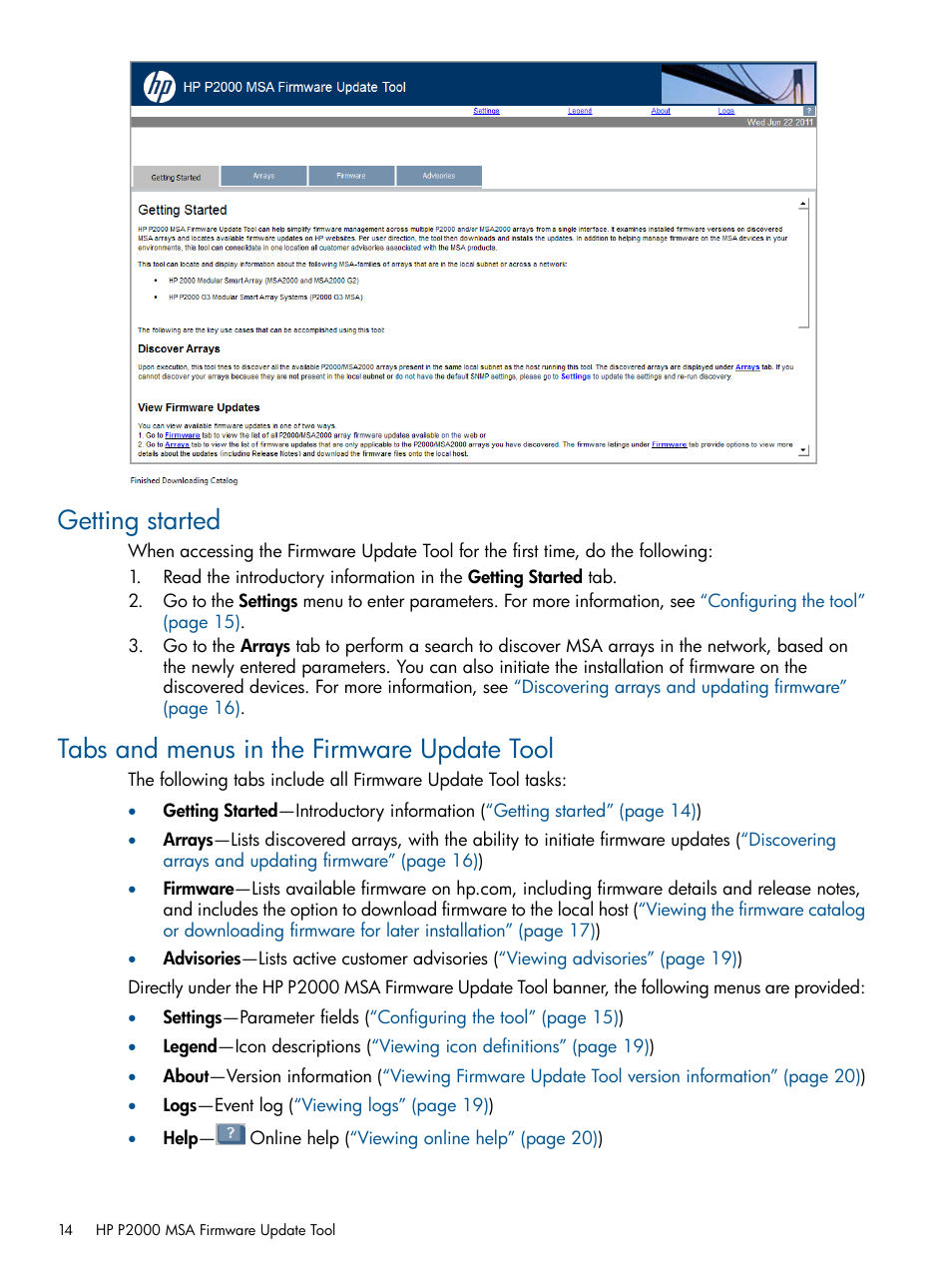 Getting started, Tabs and menus in the firmware update tool | HP 2000SA G2-Modular-Smart-Array User Manual | Page 14 / 58