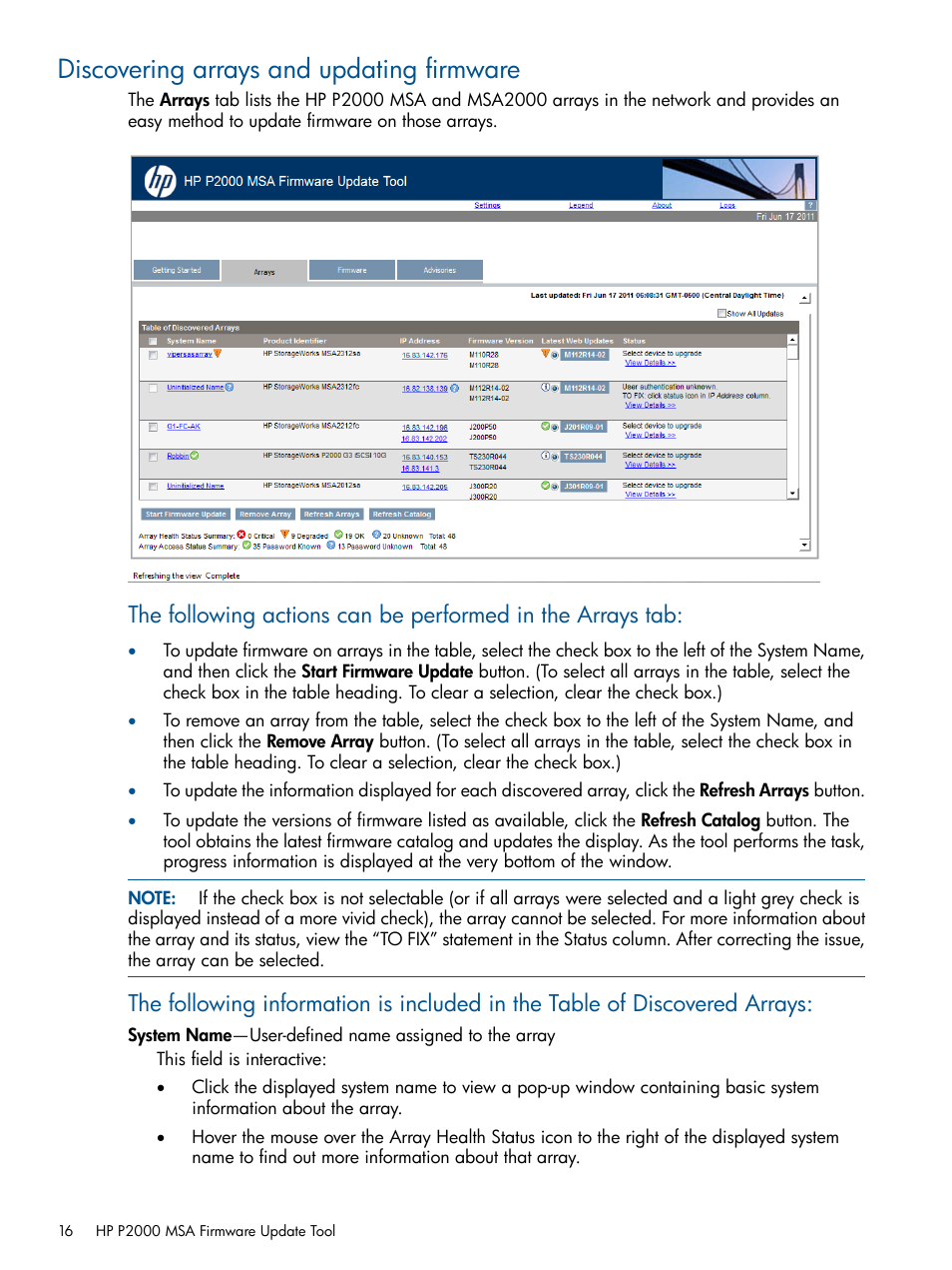 Discovering arrays and updating firmware, Discovering | HP 2000SA G2-Modular-Smart-Array User Manual | Page 16 / 58