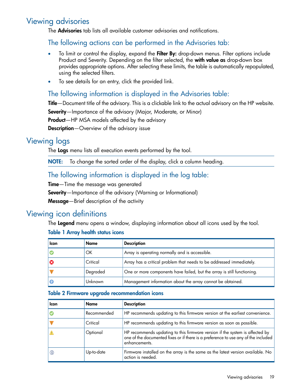 Viewing advisories, Viewing logs, Viewing icon definitions | HP 2000SA G2-Modular-Smart-Array User Manual | Page 19 / 58