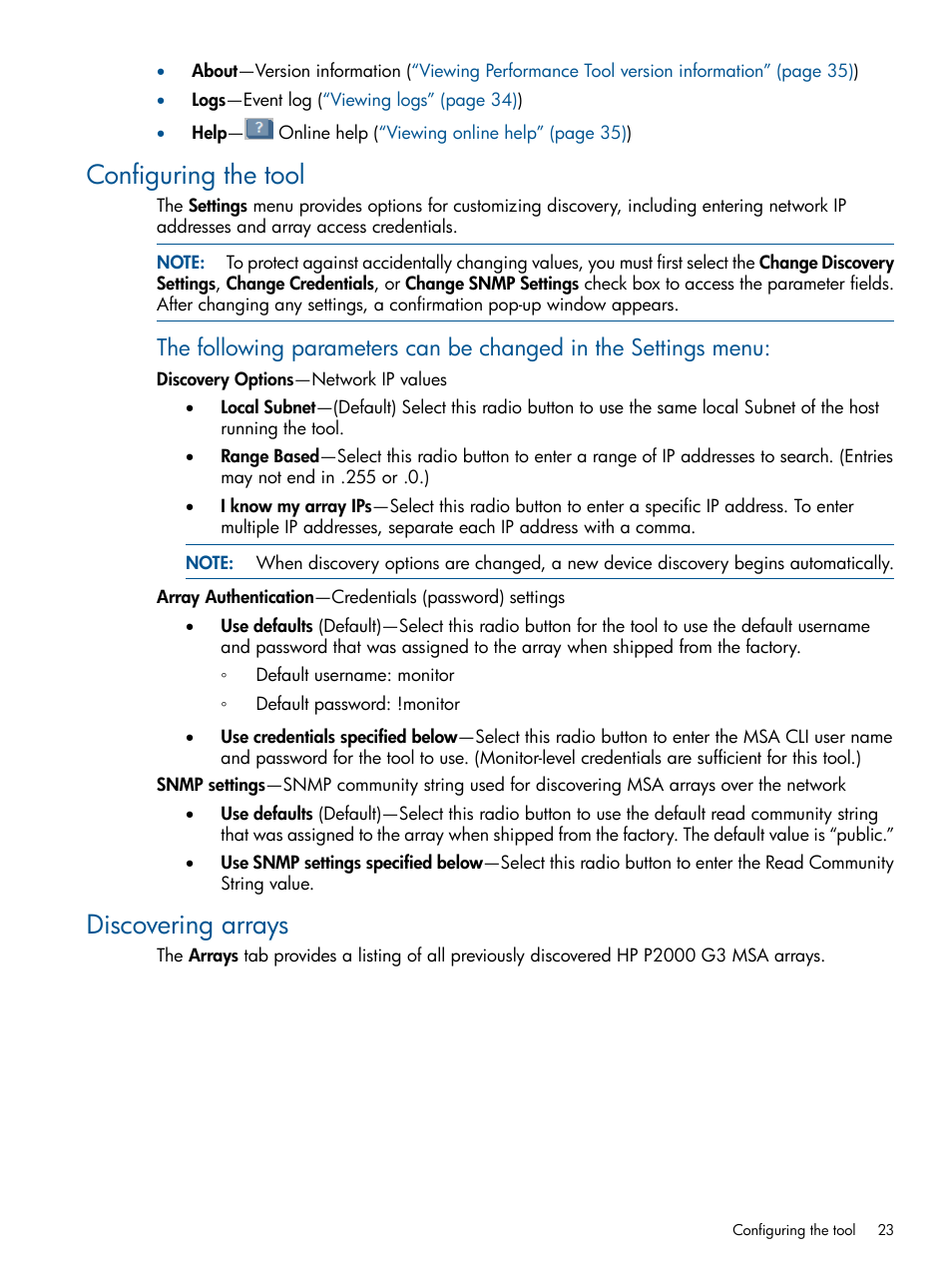 Configuring the tool, Discovering arrays, Configuring the tool discovering arrays | HP 2000SA G2-Modular-Smart-Array User Manual | Page 23 / 58