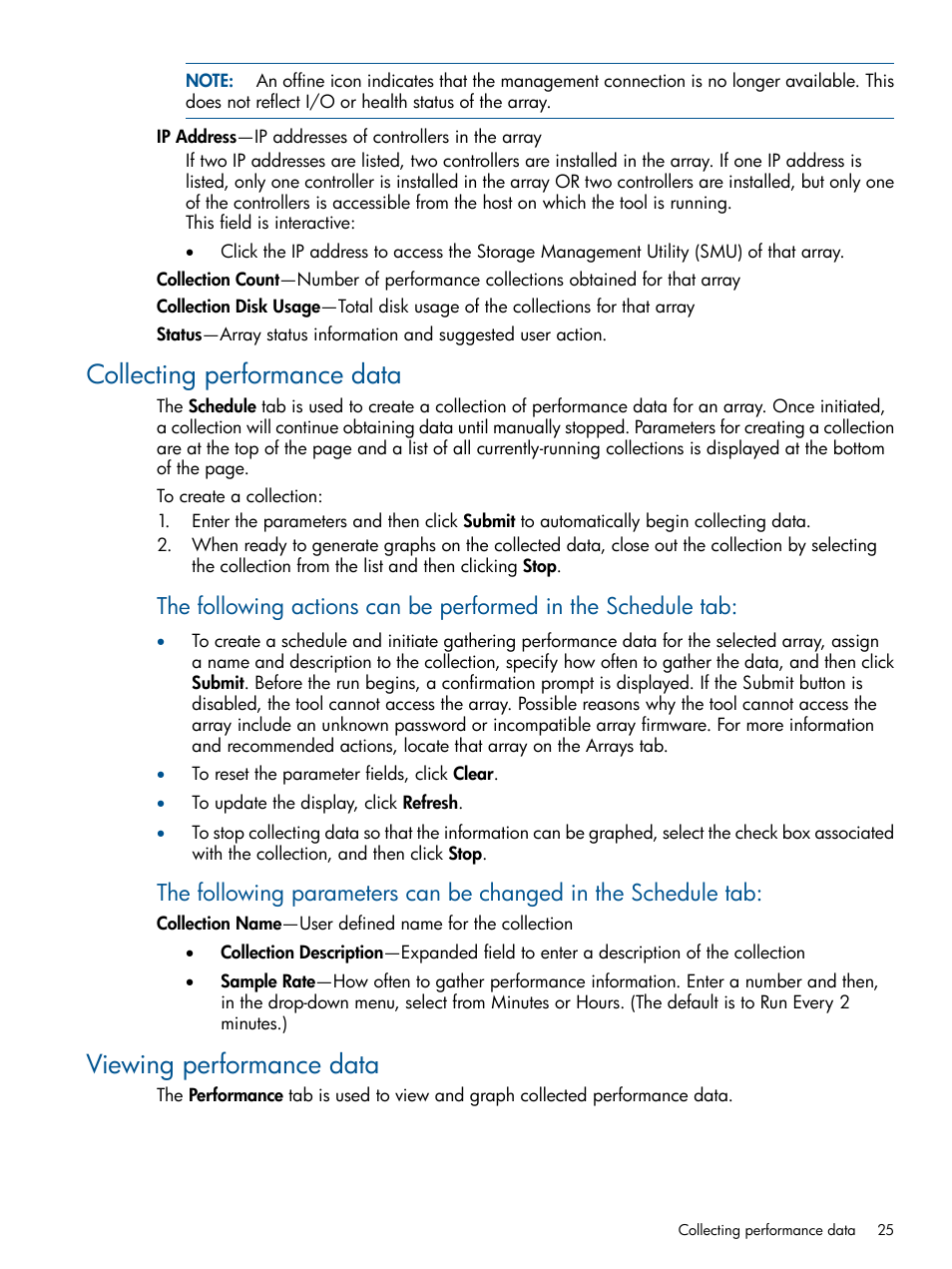 Collecting performance data, Viewing performance data, Viewing performance | HP 2000SA G2-Modular-Smart-Array User Manual | Page 25 / 58