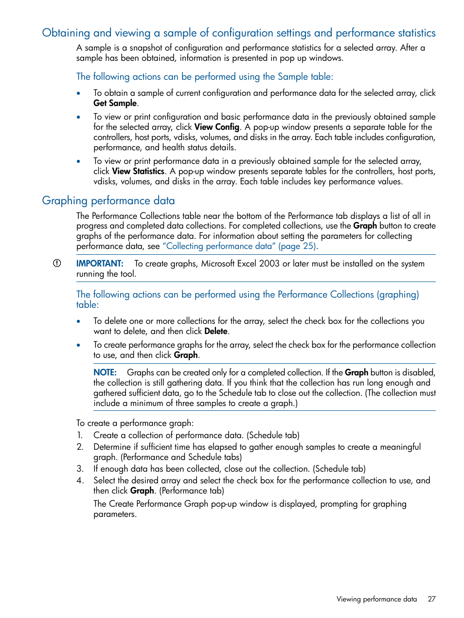 Graphing performance data, Obtaining and viewing a sample of, Obtaining and viewing a sample of configuration | HP 2000SA G2-Modular-Smart-Array User Manual | Page 27 / 58