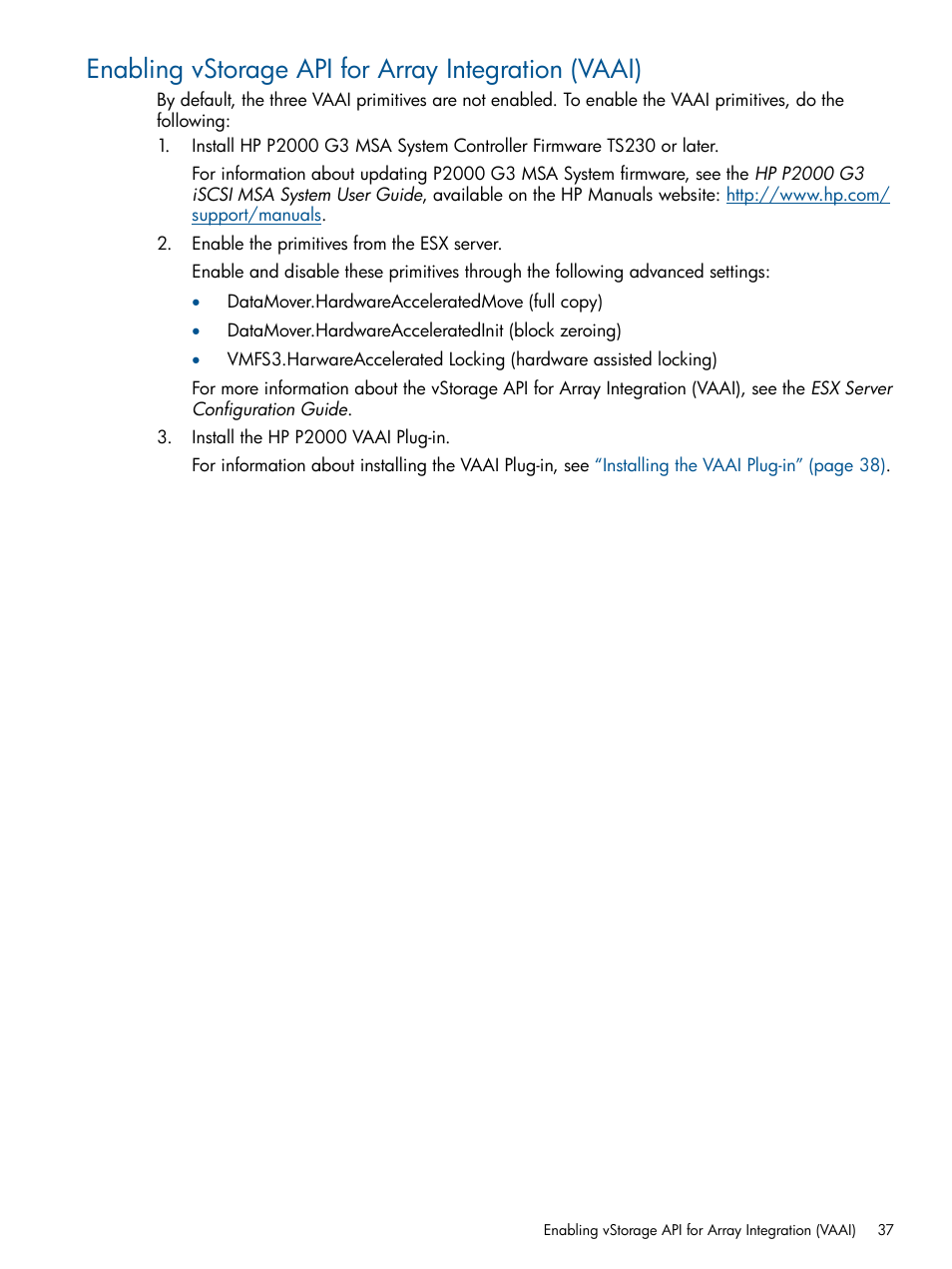 Enabling vstorage api for array integration (vaai) | HP 2000SA G2-Modular-Smart-Array User Manual | Page 37 / 58