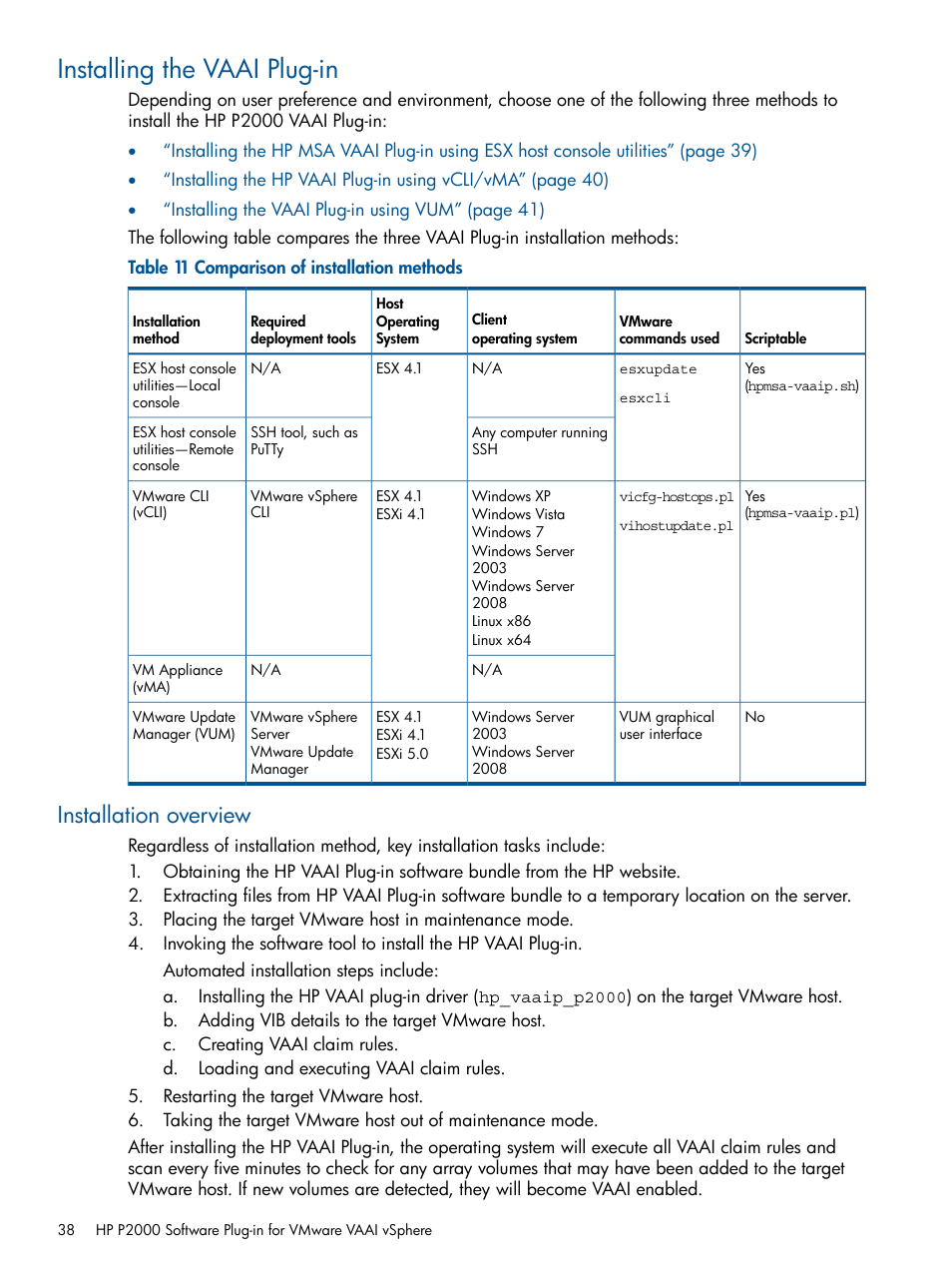 Installing the vaai plug-in, Installation overview | HP 2000SA G2-Modular-Smart-Array User Manual | Page 38 / 58