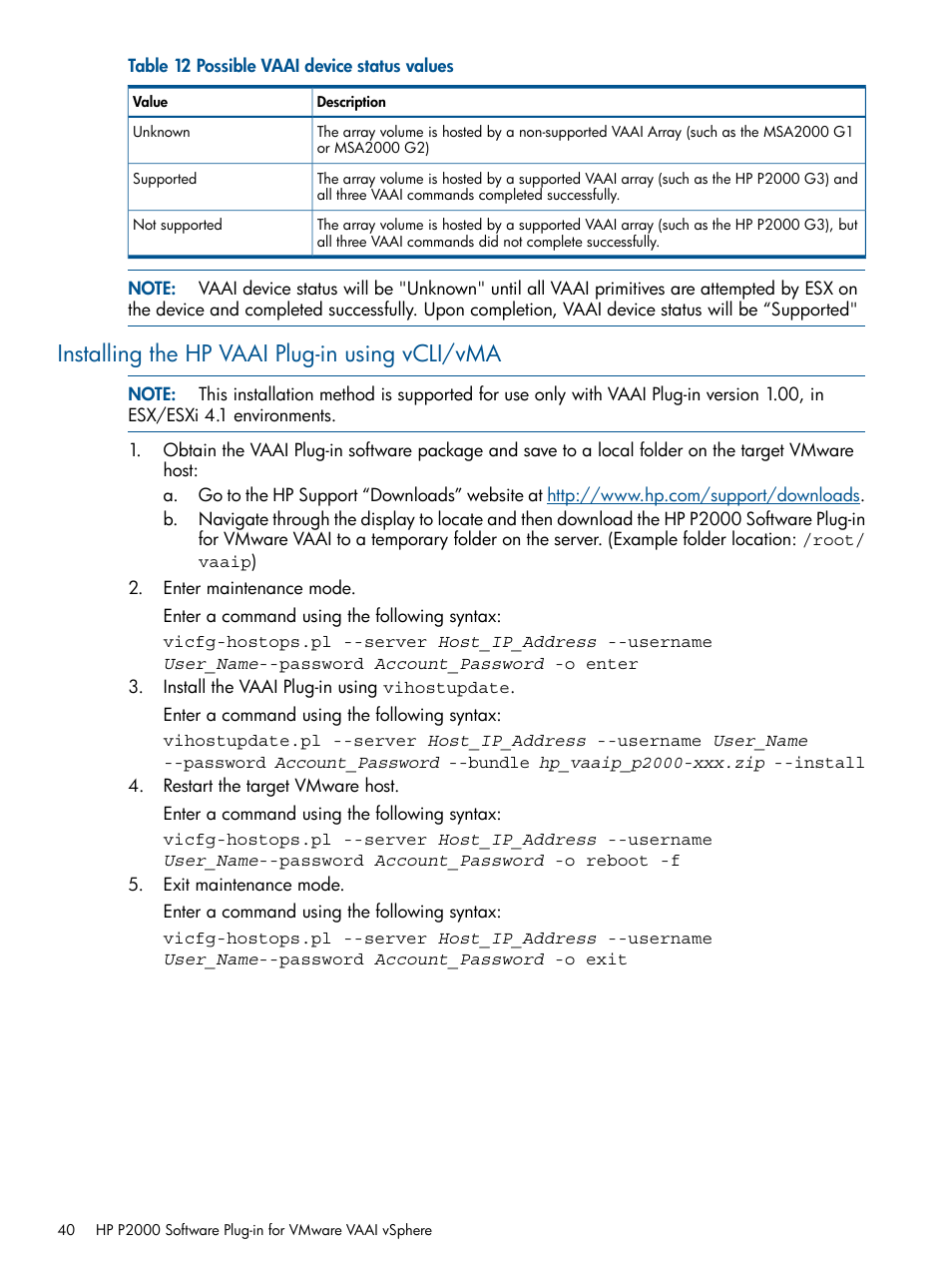 Installing the hp vaai plug-in using vcli/vma | HP 2000SA G2-Modular-Smart-Array User Manual | Page 40 / 58