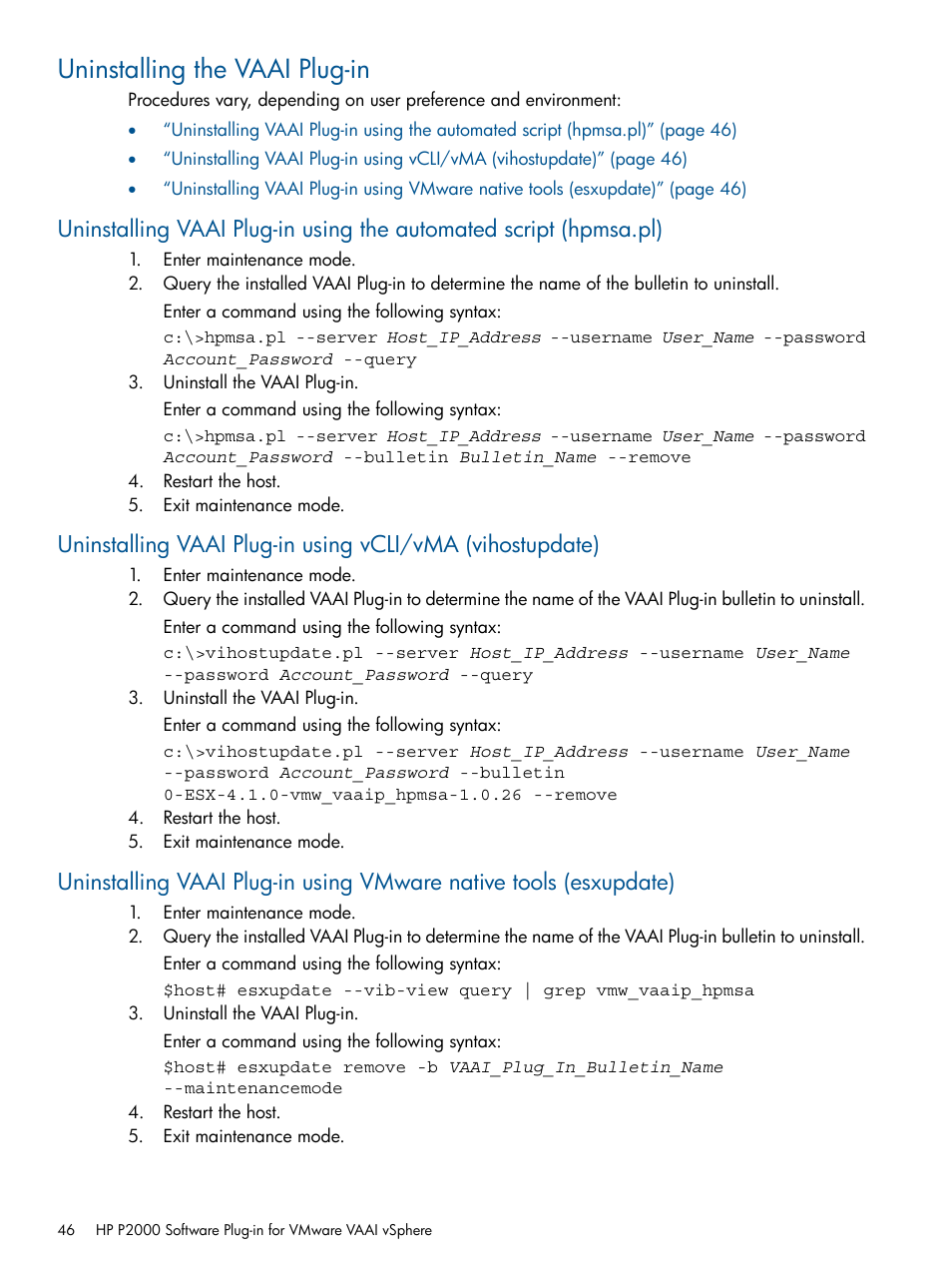 Uninstalling the vaai plug-in | HP 2000SA G2-Modular-Smart-Array User Manual | Page 46 / 58