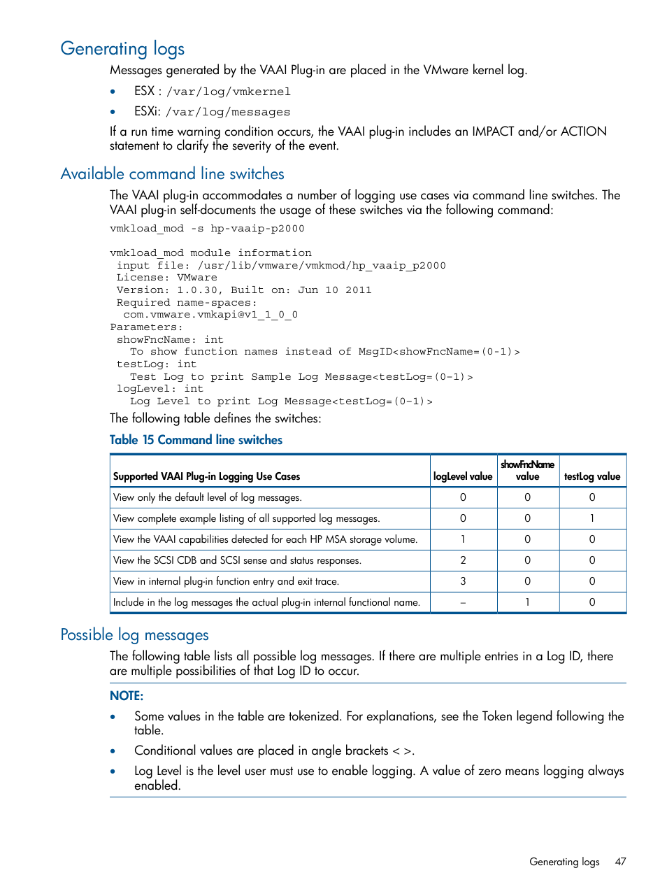 Generating logs, Available command line switches, Possible log messages | HP 2000SA G2-Modular-Smart-Array User Manual | Page 47 / 58