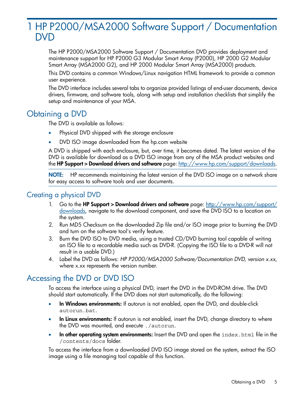 Obtaining a dvd, Creating a physical dvd, Accessing the dvd or dvd iso | HP 2000SA G2-Modular-Smart-Array User Manual | Page 5 / 58