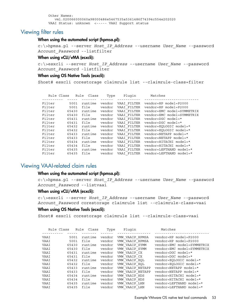 Viewing filter rules, Viewing vaai-related claim rules | HP 2000SA G2-Modular-Smart-Array User Manual | Page 53 / 58