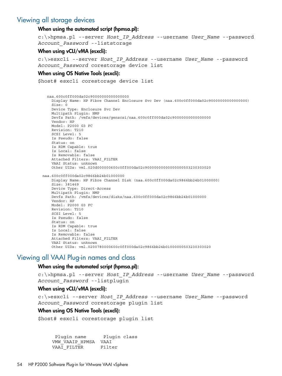 Viewing all storage devices, Viewing all vaai plug-in names and class | HP 2000SA G2-Modular-Smart-Array User Manual | Page 54 / 58