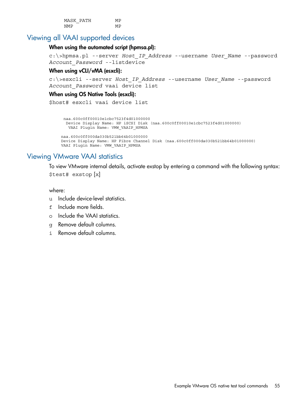 Viewing all vaai supported devices, Viewing vmware vaai statistics | HP 2000SA G2-Modular-Smart-Array User Manual | Page 55 / 58