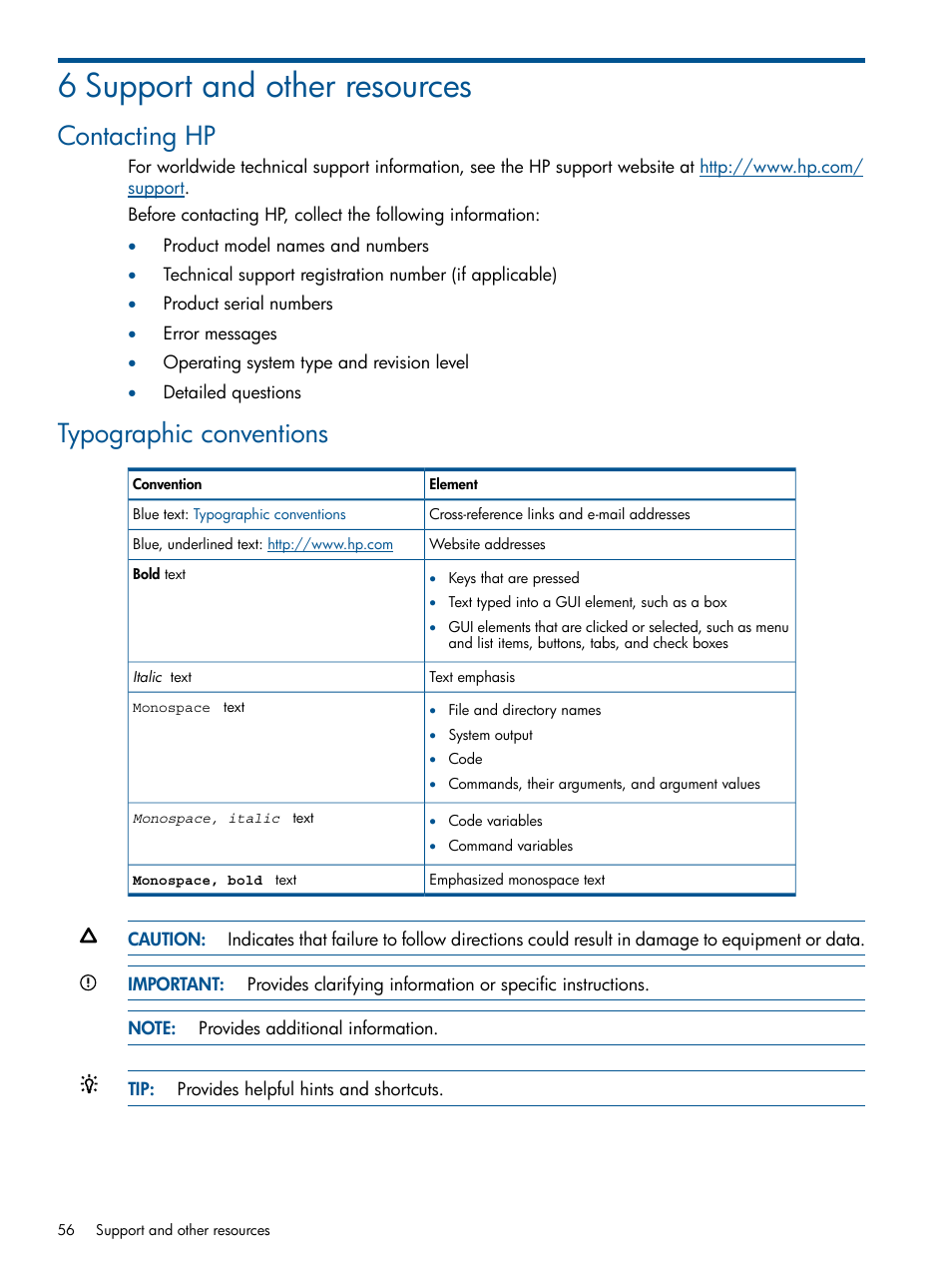 6 support and other resources, Contacting hp, Typographic conventions | Contacting hp typographic conventions | HP 2000SA G2-Modular-Smart-Array User Manual | Page 56 / 58