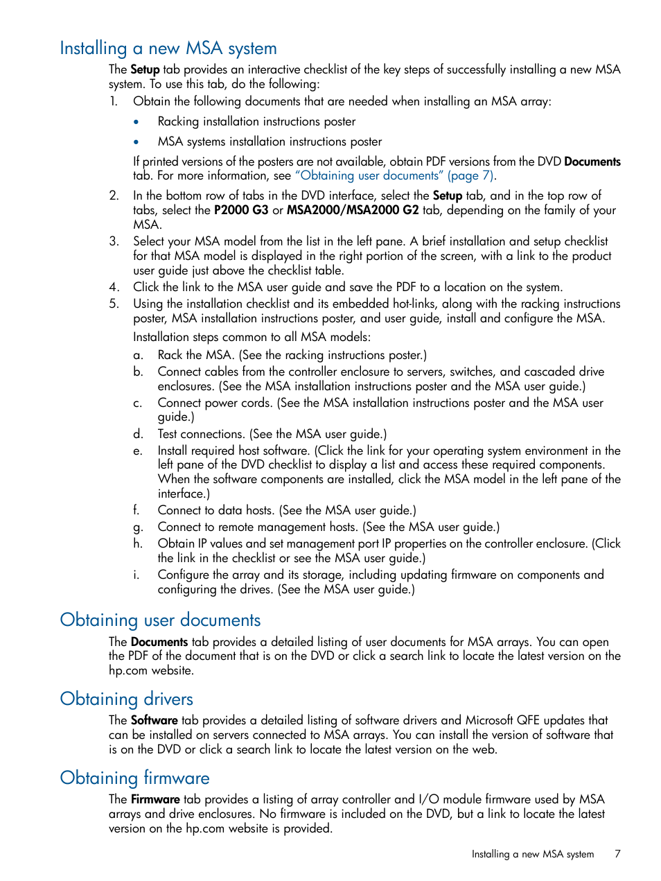 Installing a new msa system, Obtaining user documents, Obtaining drivers | Obtaining firmware, Installing a, Obtaining | HP 2000SA G2-Modular-Smart-Array User Manual | Page 7 / 58