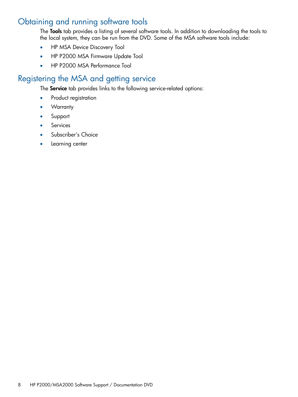 Obtaining and running software tools, Registering the msa and getting service | HP 2000SA G2-Modular-Smart-Array User Manual | Page 8 / 58