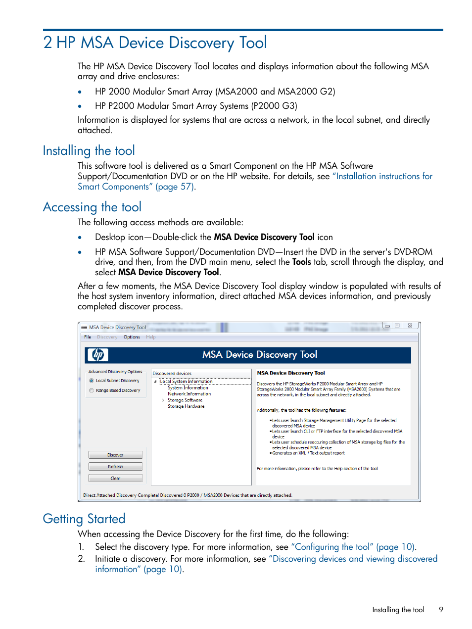 2 hp msa device discovery tool, Installing the tool, Accessing the tool | Getting started | HP 2000SA G2-Modular-Smart-Array User Manual | Page 9 / 58