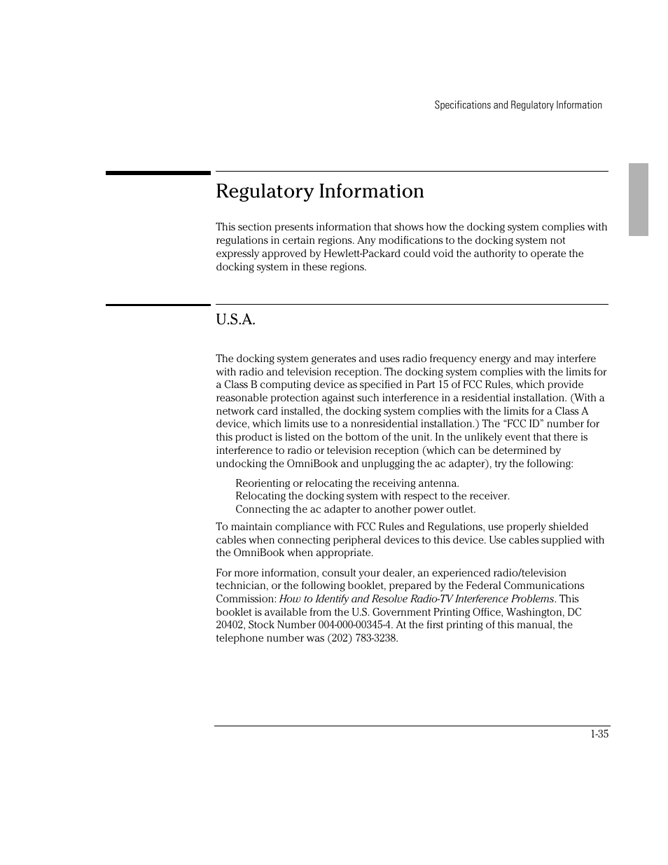 Regulatory information, U.s.a | HP OmniBook 5700 Notebook PC User Manual | Page 35 / 39