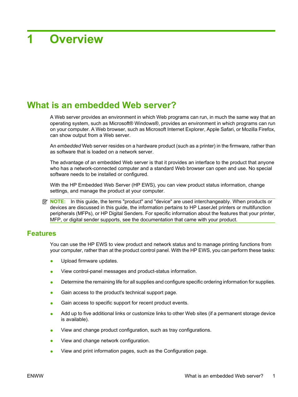 Overview, What is an embedded web server, Features | 1 overview, 1overview | HP LaserJet P4014 Printer series User Manual | Page 11 / 72