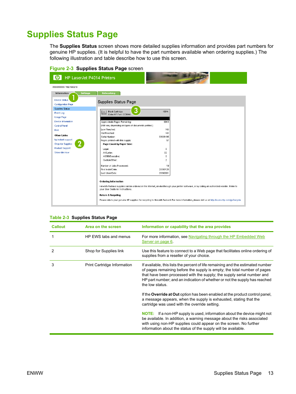 Supplies status page | HP LaserJet P4014 Printer series User Manual | Page 23 / 72