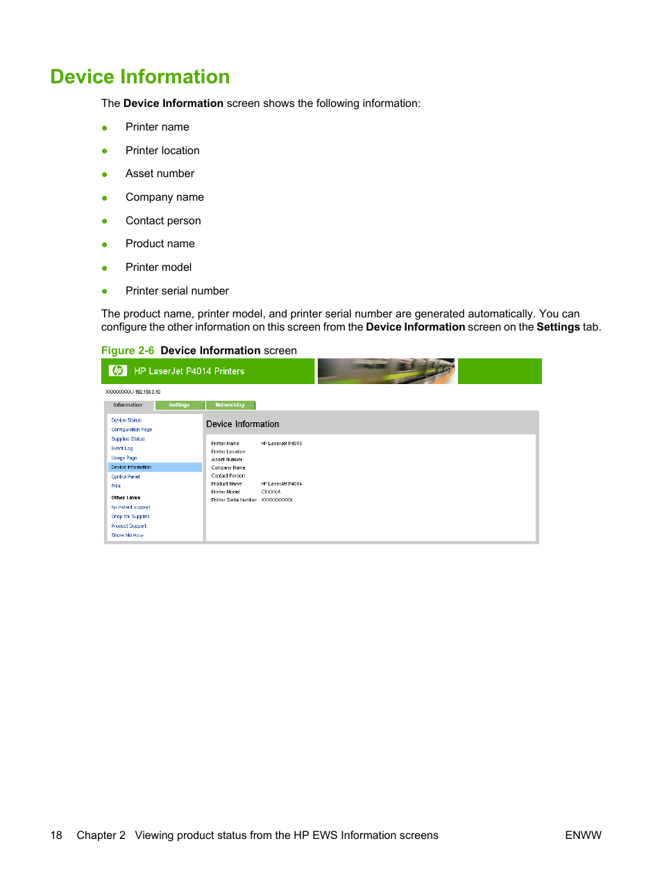 Device information, Figure 2-6 device information screen | HP LaserJet P4014 Printer series User Manual | Page 28 / 72
