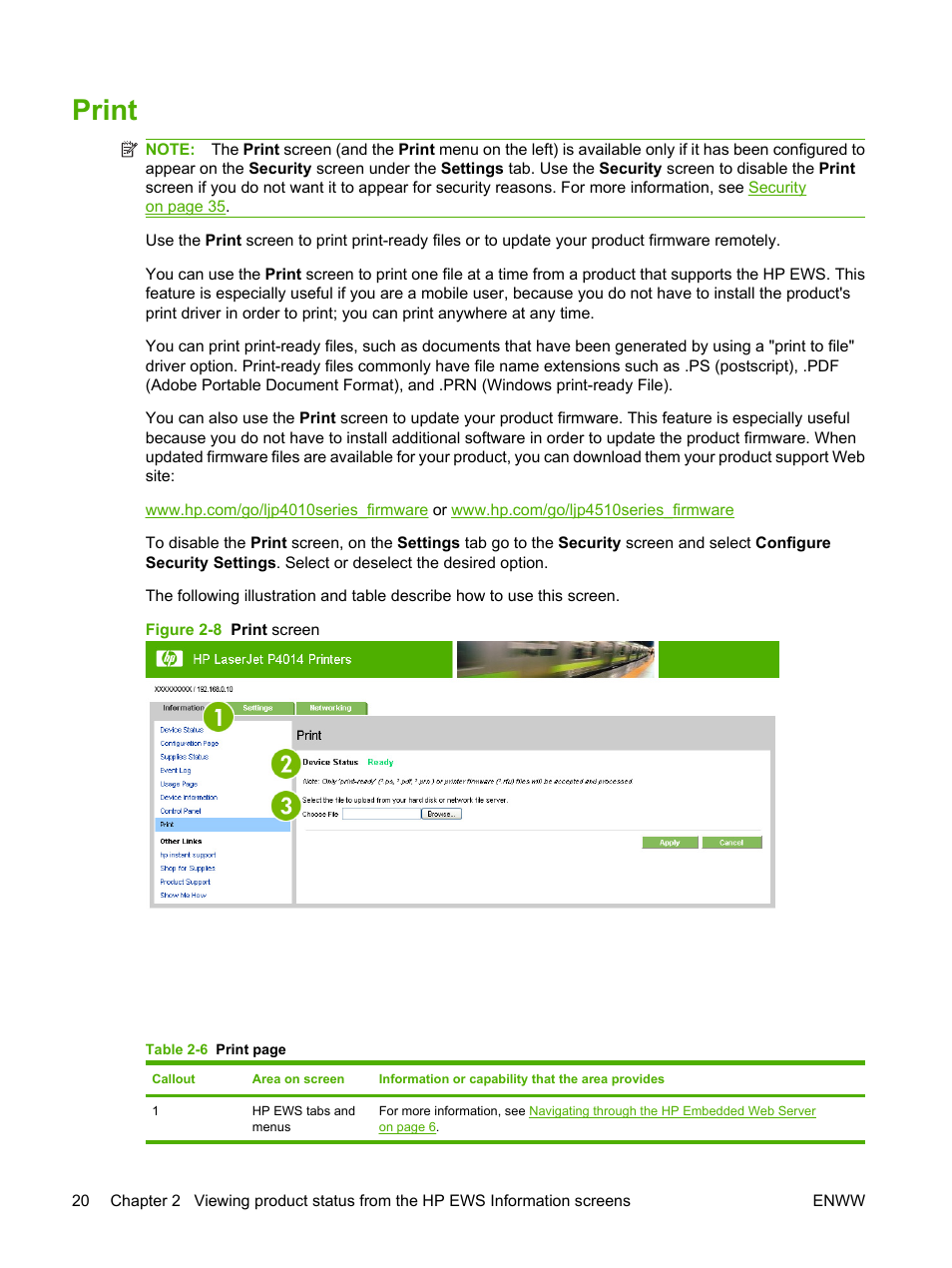 Print, Figure 2-8 print screen | HP LaserJet P4014 Printer series User Manual | Page 30 / 72