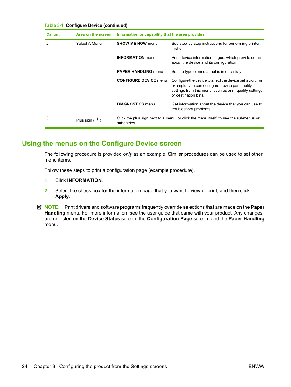 Using the menus on the configure device screen | HP LaserJet P4014 Printer series User Manual | Page 34 / 72